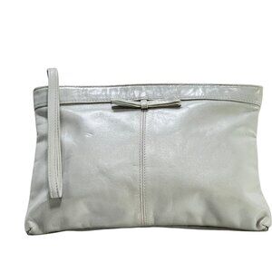 Vintage Women's Gray Leather Wristlet Clutch Purse Bow Detail & Zipper Pocket